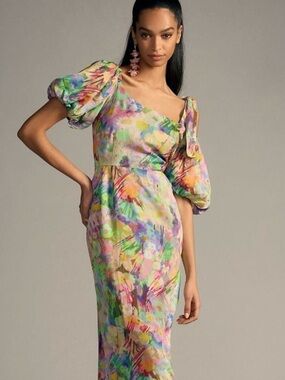 Anthropologie Plenty Tracy Reese Puff-Sleeve Dress L Floral Midi Sheath